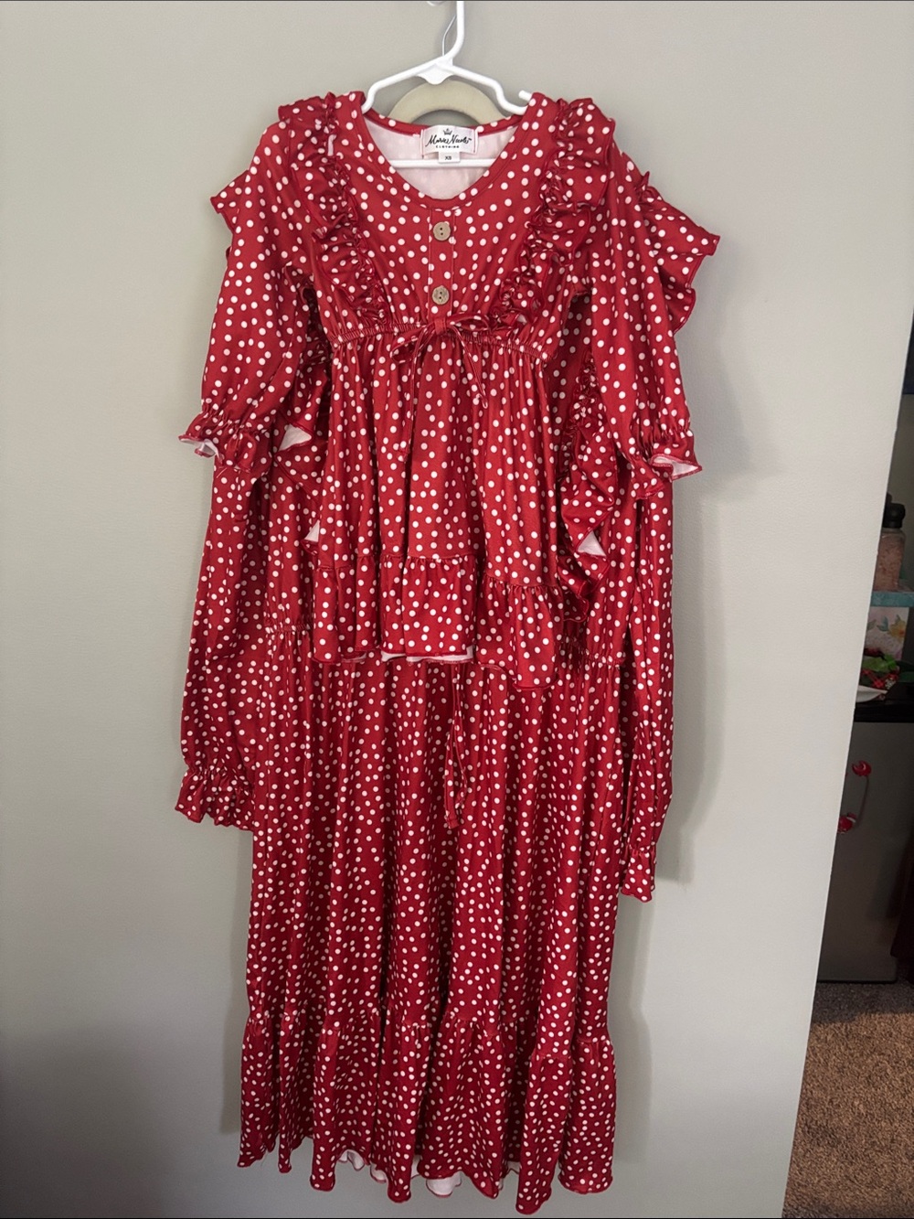 Red Polka Dot Ruffle Mommy & Me dresses girls sz 2-3, mom size XL never worn